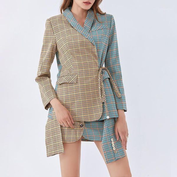 two piece dress msxu women elegant fashion tartan plaid contrast color lace up blazer skirt casual suit set1, White
two piece dress msxu women elegant fashion tartan plaid contrast color lace up blazer skirt casual suit set1, White