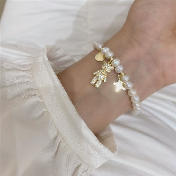 korean natural pearl bracelet ins micro inlaid bear diamond pearl bracelet natural pearl bracelet f1130, Black