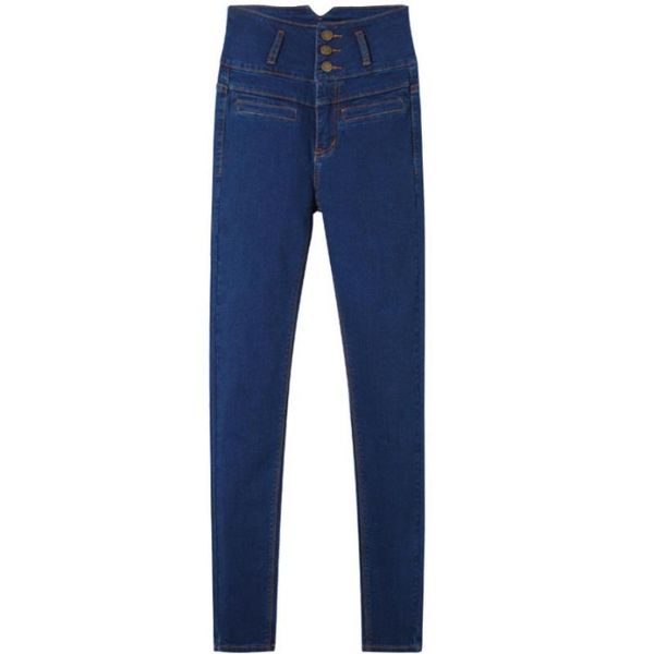 women's high waist slim three-breasted trousers high waist denim jeans skinny pencil jeans women plus size, Blue
