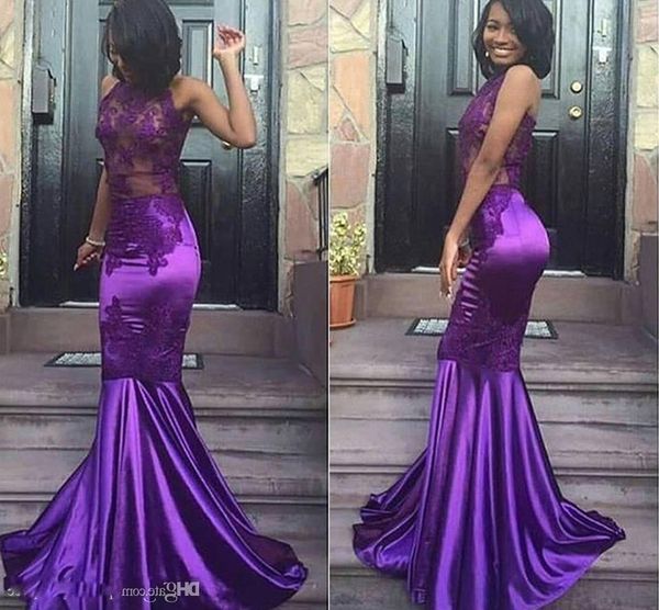 2021 royal purple prom dresses illusion lace applique elastic satin mermaid floor length evening graduation party gowns vestidos, Black
2021 royal purple prom dresses illusion lace applique elastic satin mermaid floor length evening graduation party gowns vestidos, Black
