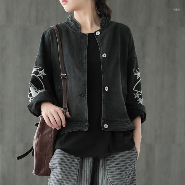 women's jackets autumn women fashion casual denim coat cardigan stand embroidery geometric button female 20211, Black;brown
women's jackets autumn women fashion casual denim coat cardigan stand embroidery geometric button female 20211, Black;brown