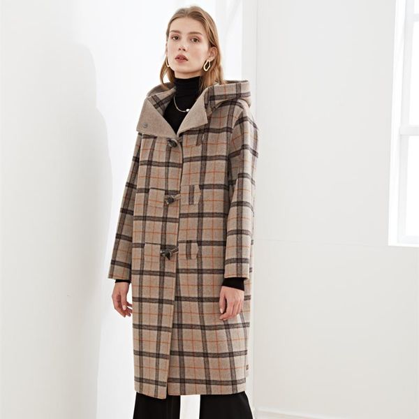 women's wool & blends winter 2021 medium and long college style check hooded ox horn button coat double faced tweed, Black
women's wool & blends winter 2021 medium and long college style check hooded ox horn button coat double faced tweed, Black