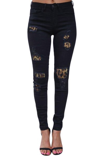 women's jeans european and american leopard-print hole patch elastic, Blue