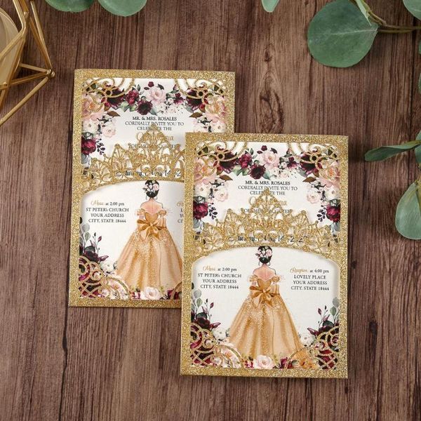 100pieces glitter shining laser cut quinceanera invitations gold color wedding pockets with envelope
100pieces glitter shining laser cut quinceanera invitations gold color wedding pockets with envelope