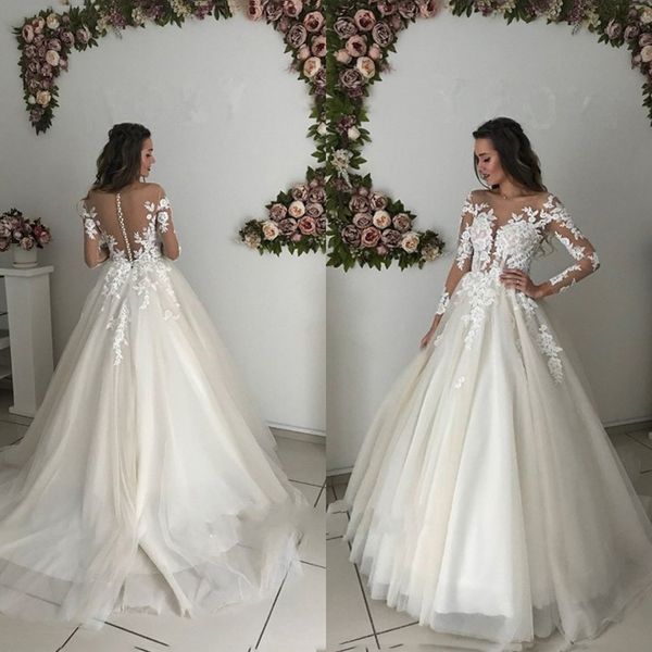 custom made sheer long sleeves lace wedding dresses with appliques scoop neck court train plus size a line bridal gowns, White
custom made sheer long sleeves lace wedding dresses with appliques scoop neck court train plus size a line bridal gowns, White
