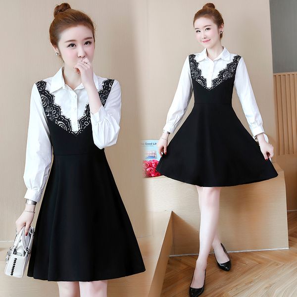 plus size wearing lace blouse patchwork black long sleeves party dress fat for women d1qn, Black;gray