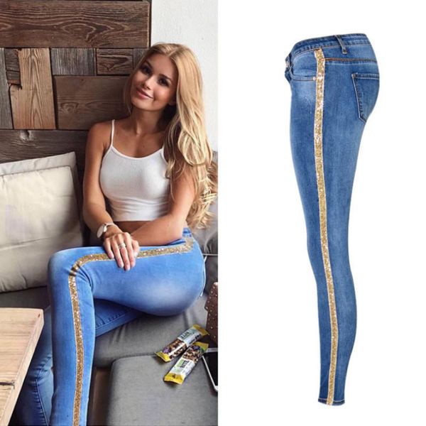 women's jeans low waist fashion side stripe skinny women slim embroidered gold sequin vaqueros mujer high street push up calca denim, Blue
women's jeans low waist fashion side stripe skinny women slim embroidered gold sequin vaqueros mujer high street push up calca denim, Blue