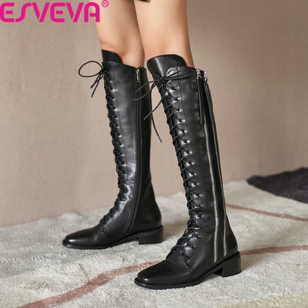 boots esveva 2021 square toe knee high women cow leather pu lace up zipper ladies shoes fashion heel long size34-40, Black
boots esveva 2021 square toe knee high women cow leather pu lace up zipper ladies shoes fashion heel long size34-40, Black