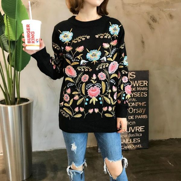 2019 autumn winter floral embroidered black women sweaters pullovers oversize runway designer ladies knitted jumper pull clothes1, White;black 
2019 autumn winter floral embroidered black women sweaters pullovers oversize runway designer ladies knitted jumper pull clothes1, White;black
