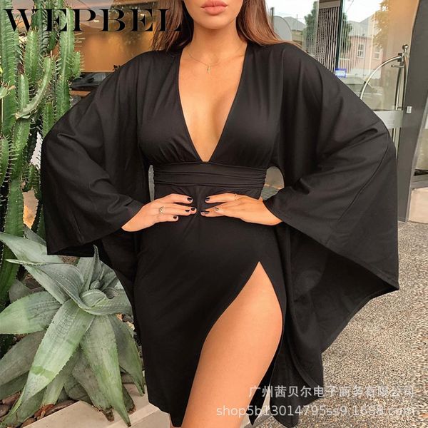women elegant summer deep v neck mini dress casual ladies long bat sleeve high waist split bodycon dress q1210, Black;gray
women elegant summer deep v neck mini dress casual ladies long bat sleeve high waist split bodycon dress q1210, Black;gray