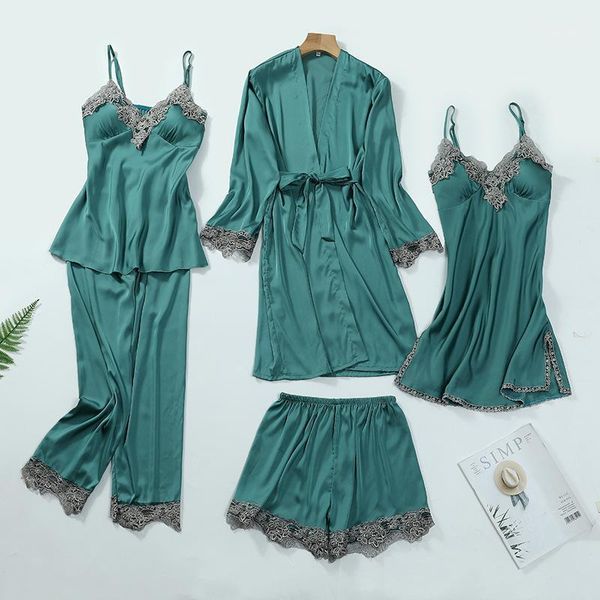 5 pieces pajamas set lace satin silk sleepwear women summer spring fashion pajamas for women robe sleep lounge1, Black;red
5 pieces pajamas set lace satin silk sleepwear women summer spring fashion pajamas for women robe sleep lounge1, Black;red