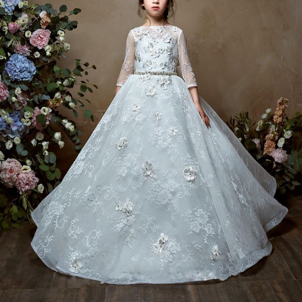 princess half sleeve sheer neck appliqued long kids pageant gowns flower girl dress first communion party dress, White;blue
princess half sleeve sheer neck appliqued long kids pageant gowns flower girl dress first communion party dress, White;blue