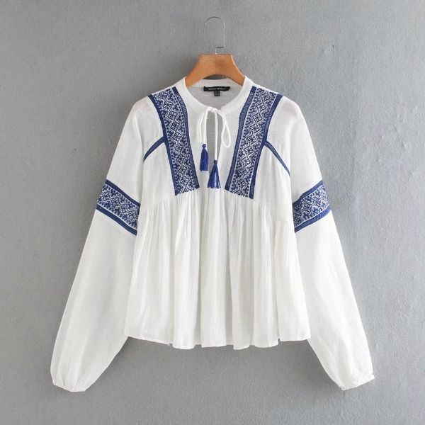 women vintage embroidery splicing v neck tassels shirt loose smock femme long sleeve thin blouse ladies blusas kg-58, White
women vintage embroidery splicing v neck tassels shirt loose smock femme long sleeve thin blouse ladies blusas kg-58, White