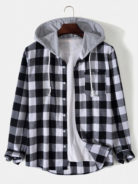 men plaid button through hooded shirt t1zm#, White;black 
men plaid button through hooded shirt t1zm#, White;black