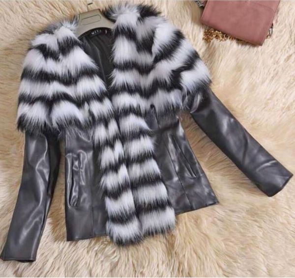 european and american big size new imitation raccoon fur pu leather women's imitation leather leather jacket, Black
european and american big size new imitation raccoon fur pu leather women's imitation leather leather jacket, Black