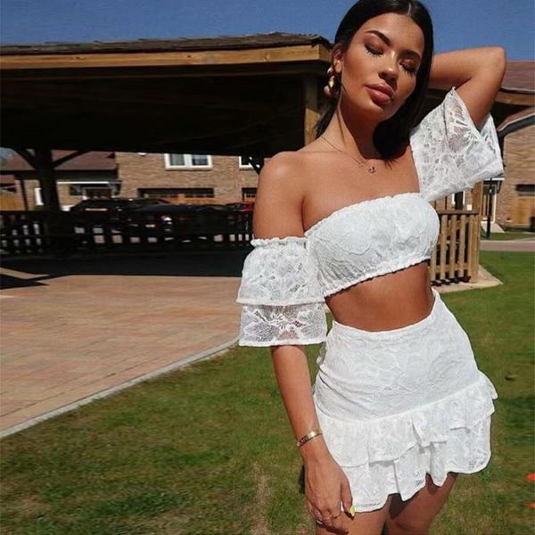 2021 summer new women's white lace bandage 2-piece off-shoulder short-sleeved and mini skirt fashion party suit, Gray
2021 summer new women's white lace bandage 2-piece off-shoulder short-sleeved and mini skirt fashion party suit, Gray