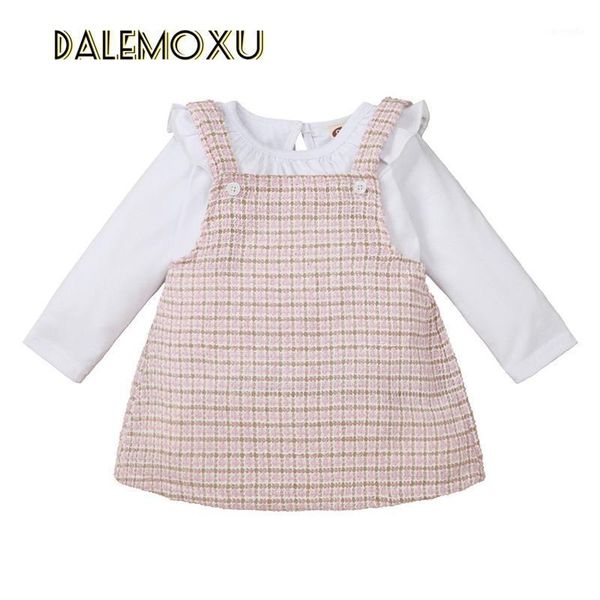 infant kid baby girl skirt 2pcs white plaid outfit suit sweet long sleeve t-shirt overall suspender skirt spring autumn 0-24m1