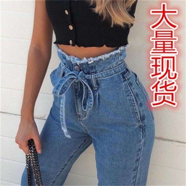 women's flower bud high waisted lace up jeans, Blue 
women's flower bud high waisted lace up jeans, Blue