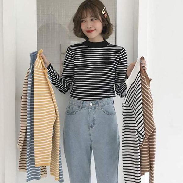 women's t-shirt fashion striped half-neck pullover slim long-sleeved knit sweater 2021 women clothes/, White
women's t-shirt fashion striped half-neck pullover slim long-sleeved knit sweater 2021 women clothes/, White