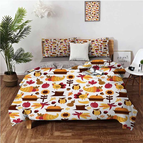 cute cartoon fall composition nuts maple leaves owls roosters pumpkinsbedding 3-piece set