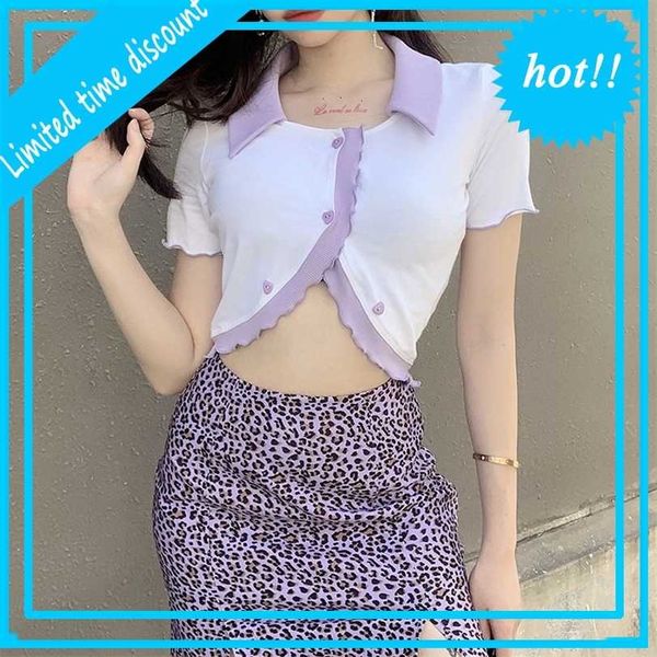 2021 summer new lapel ear edge contrast cardigan t-shirt women's wear, White
2021 summer new lapel ear edge contrast cardigan t-shirt women's wear, White