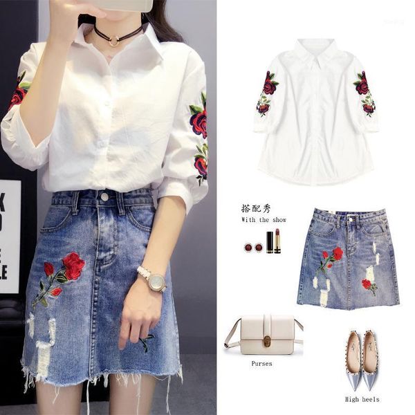 2020 spring new women's skirt suit korean fashion casual red rose embroidery shirt + denim skirt two-piece sets office lady1, White
2020 spring new women's skirt suit korean fashion casual red rose embroidery shirt + denim skirt two-piece sets office lady1, White