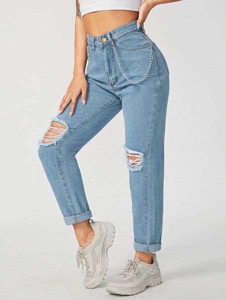 high waisted ripped detail mom jeans with chain s4du#, Blue
high waisted ripped detail mom jeans with chain s4du#, Blue