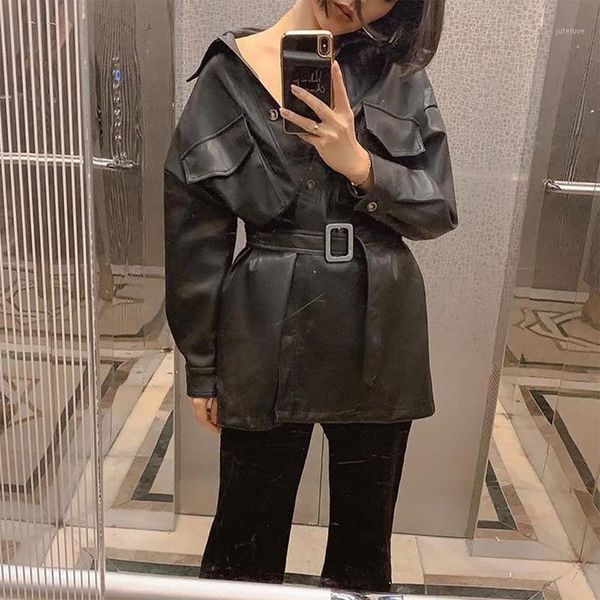 belt oversize faux leather women shirt jacket solid single breasted female long jackets 2020 new autumn fashion ladies clothes1, Black
belt oversize faux leather women shirt jacket solid single breasted female long jackets 2020 new autumn fashion ladies clothes1, Black