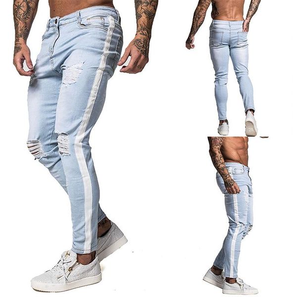 men's jeans spring and autumn men fashion blue hole denim trousers side stripes distressed mid-waist zipper straight
men's jeans spring and autumn men fashion blue hole denim trousers side stripes distressed mid-waist zipper straight