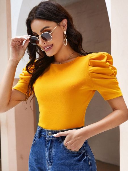 rib knit puff sleeve t-shirt x5qf#, White
rib knit puff sleeve t-shirt x5qf#, White