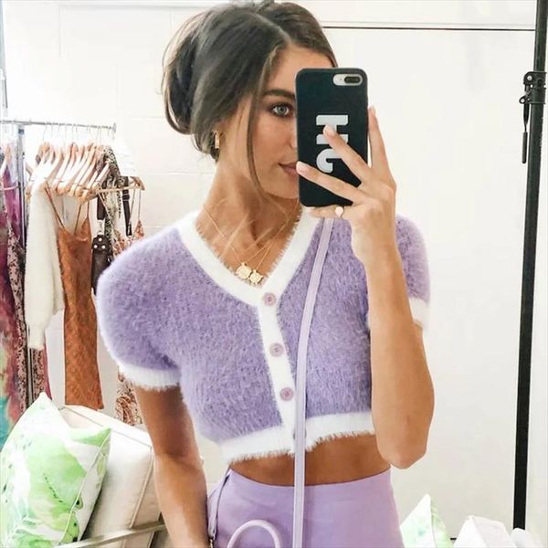 cute lavender crop women faux mohair t shirt sweet girls summer short sleeve button up tees vintage basic tshirts femme, White
cute lavender crop women faux mohair t shirt sweet girls summer short sleeve button up tees vintage basic tshirts femme, White