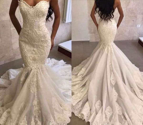 strapless sweetheart neckline wedding dresses mermaid floral pattern applique lace long trail bridal gowns 2021 modern robes de mariée, White
strapless sweetheart neckline wedding dresses mermaid floral pattern applique lace long trail bridal gowns 2021 modern robes de mariée, White