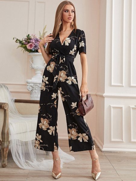 surplice front floral belted jumpsuit 48zw#, White 
surplice front floral belted jumpsuit 48zw#, White