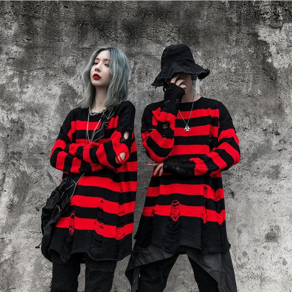 men's autumn/winter black and red striped trendy sweater loose color matching long hole men's pullover couple sweater, White;black
men's autumn/winter black and red striped trendy sweater loose color matching long hole men's pullover couple sweater, White;black