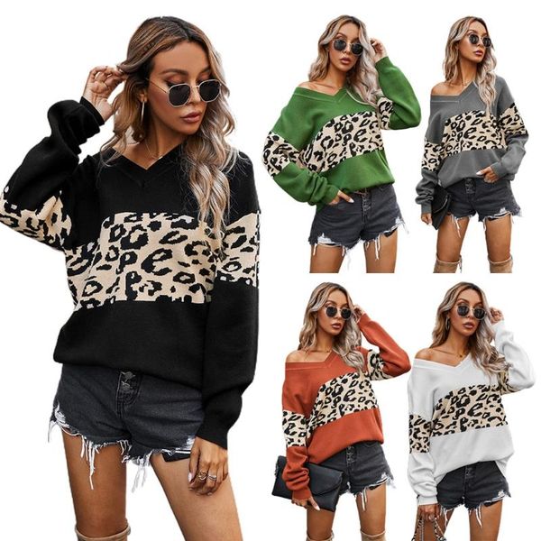 women leopard sweaters long sleeve v-neck drop shoulder pullover color block patchwork knitted loose jumper, White;black
women leopard sweaters long sleeve v-neck drop shoulder pullover color block patchwork knitted loose jumper, White;black