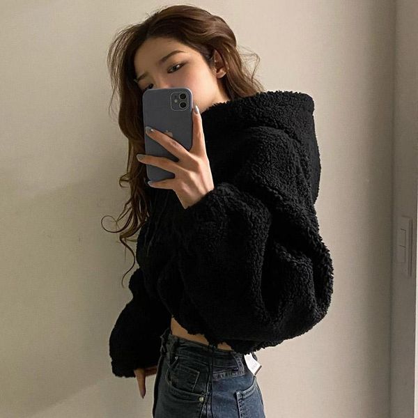 women's fashion fuzzy fleece warm sweatshirt casual long sleeve drawstring hem solid color crop hoodie autumn and winter, Black
women's fashion fuzzy fleece warm sweatshirt casual long sleeve drawstring hem solid color crop hoodie autumn and winter, Black