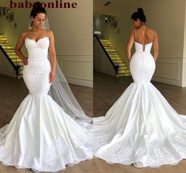 elegant plus size spaghetti straps lace mermaid wedding dresses tulle applique sweep train wedding bridal gowns with lace up bc1956, White
elegant plus size spaghetti straps lace mermaid wedding dresses tulle applique sweep train wedding bridal gowns with lace up bc1956, White