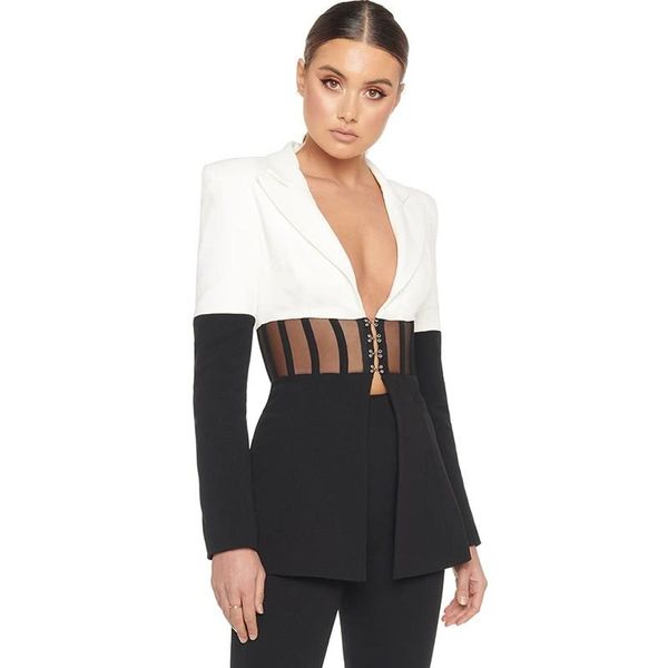 women's suits & blazers 2021 autumn and winter black white stitching perspective v-neck long sleeve all-match temperament suit, White;black
women's suits & blazers 2021 autumn and winter black white stitching perspective v-neck long sleeve all-match temperament suit, White;black