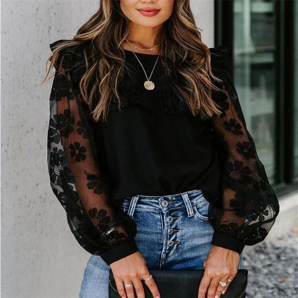 women fashion mesh patchwork round neck long sleeve blouse black lace falbala transparent flower bubble sleeve pullover, White
women fashion mesh patchwork round neck long sleeve blouse black lace falbala transparent flower bubble sleeve pullover, White
