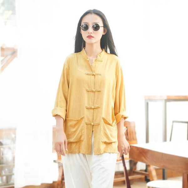 women's blouses & shirts johnature women vintage autumn cotton linen stand pockets loose solid color 2021 fall chinese, White
women's blouses & shirts johnature women vintage autumn cotton linen stand pockets loose solid color 2021 fall chinese, White