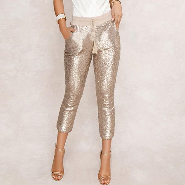 fashion sequin pencil pants 2020 new solid black/gold women drawstring waist bling party nightclub calf-length trousers, Black;white
fashion sequin pencil pants 2020 new solid black/gold women drawstring waist bling party nightclub calf-length trousers, Black;white