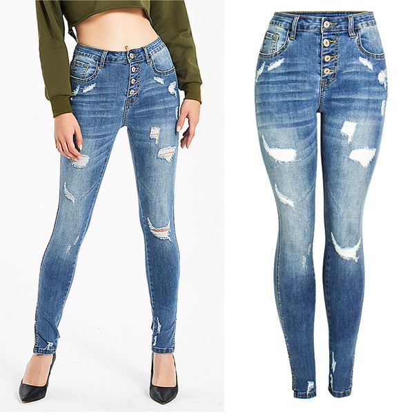 women spring and autumn new section waist elastic split pedicure fashion hole feet jeans women's trousers, Blue