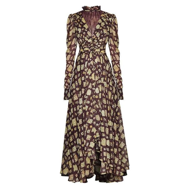 sheer lace patchwork ruched long sleeves empire waist high low ruffles ankle length print dress, Black;gray
sheer lace patchwork ruched long sleeves empire waist high low ruffles ankle length print dress, Black;gray