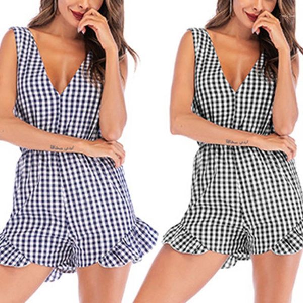 new women's tights plaid workwear ruffle frillless sleeveless deep v-neck jumpsuit1, Black;white
new women's tights plaid workwear ruffle frillless sleeveless deep v-neck jumpsuit1, Black;white