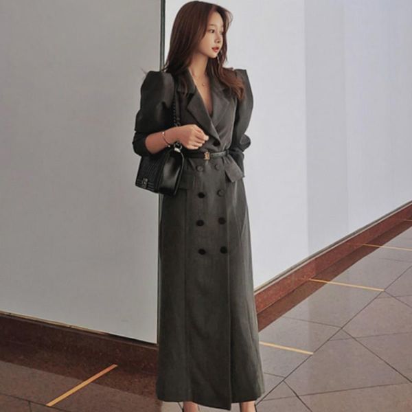 2020 autumn slim double breasted long blazer grey belt female maxi solid casual office coat, White;black
2020 autumn slim double breasted long blazer grey belt female maxi solid casual office coat, White;black