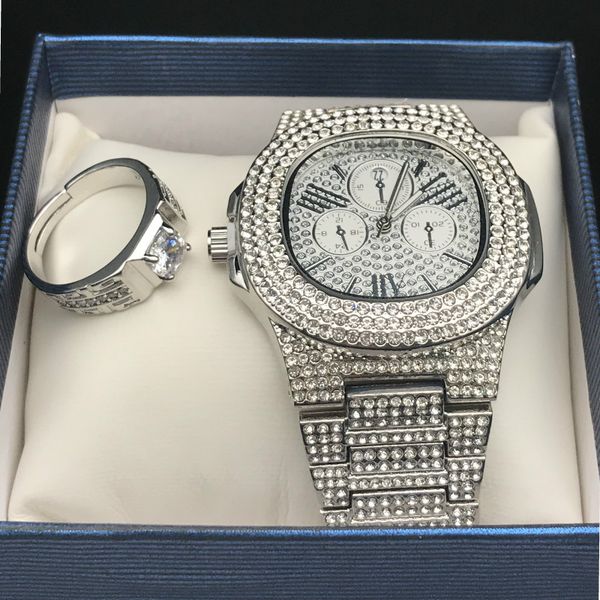 men hip hop iced out diamond watch & ring combo set diamond adjustable ring rock rapper men jewelry street dance fashion, Slivery;brown
men hip hop iced out diamond watch & ring combo set diamond adjustable ring rock rapper men jewelry street dance fashion, Slivery;brown