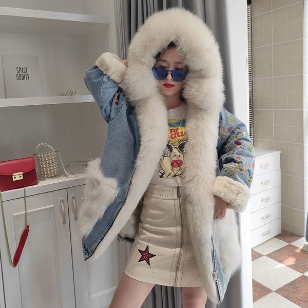 denim hooded jacket embroidered with 2020 female winter new skin from a foxskin parka, Black;brown
denim hooded jacket embroidered with 2020 female winter new skin from a foxskin parka, Black;brown