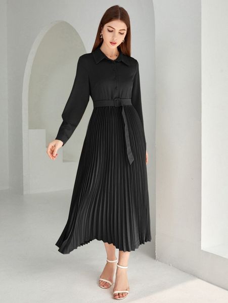 pleated hem belted shirt dress d6ox#, Black;gray 
pleated hem belted shirt dress d6ox#, Black;gray