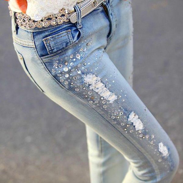 women high waist jeans version of elastic slim-fit denim trousers with drilled holes and thin pencil pants ripped jeans, Blue
women high waist jeans version of elastic slim-fit denim trousers with drilled holes and thin pencil pants ripped jeans, Blue
