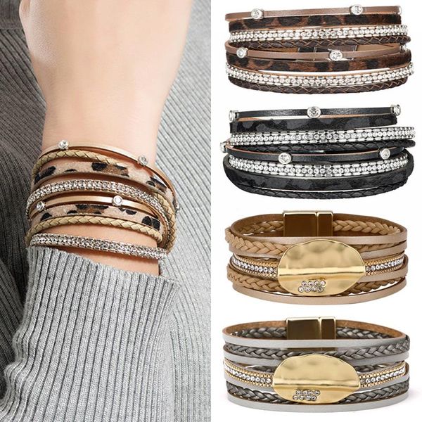 charm bracelets fashion leaf pendant rhinestone mosaiced multi layer leather rope chain magnet bracelet&bangle for women, Golden;silver
charm bracelets fashion leaf pendant rhinestone mosaiced multi layer leather rope chain magnet bracelet&bangle for women, Golden;silver